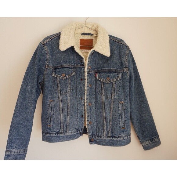 WOMEN'S LEVI'S EX-BOYFRIEND TRUCKER JEAN JACKET Sherpa Premium Snap Small - Picture 2 of 7